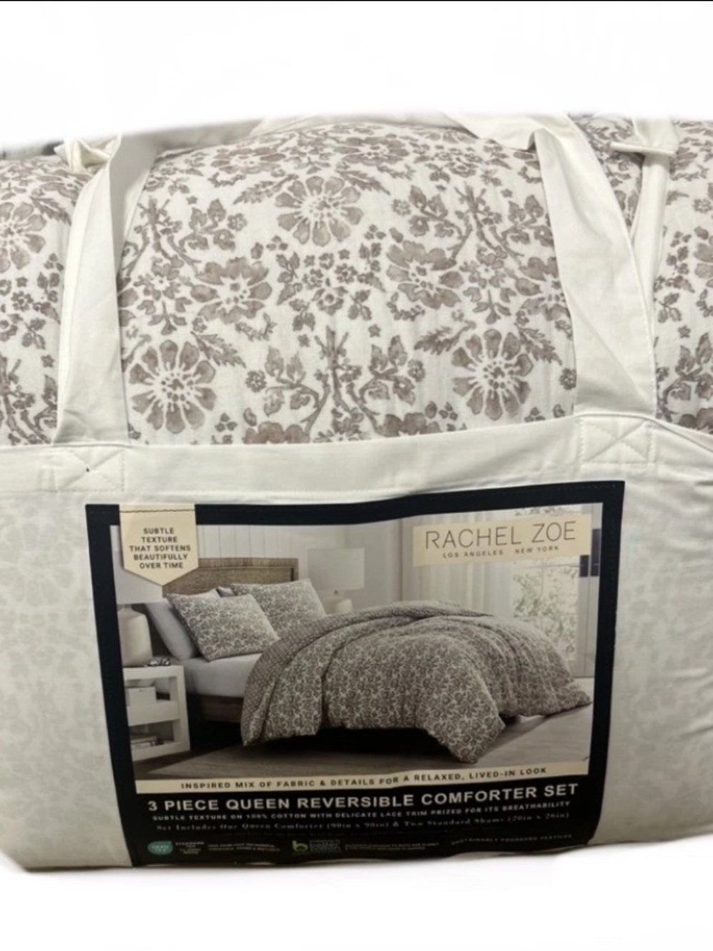 Rachel Ashwell Brown and White Floral Cotton Comforter Set with Lace Trim